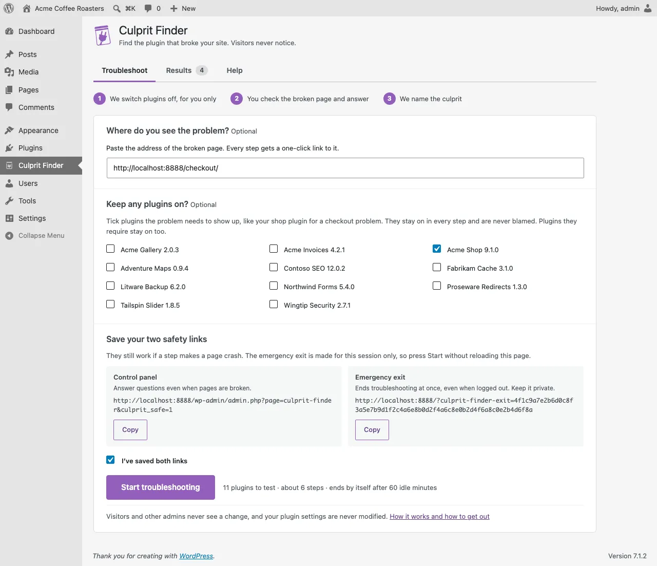 The Culprit Finder setup screen with plugin checkboxes and two safety links.